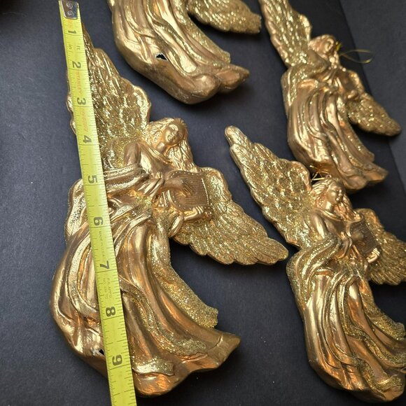Set Of 5 Gold Angel Ornaments Large Vintage Holiday Hanging Decorations Glitter - Picture 3 of 8
